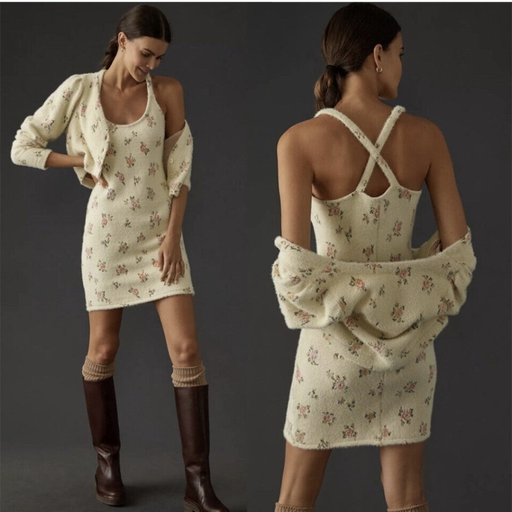 Daily Practice - Ivory Floral Knit Dress and Cardigan 2-Piece Set - Med NWT